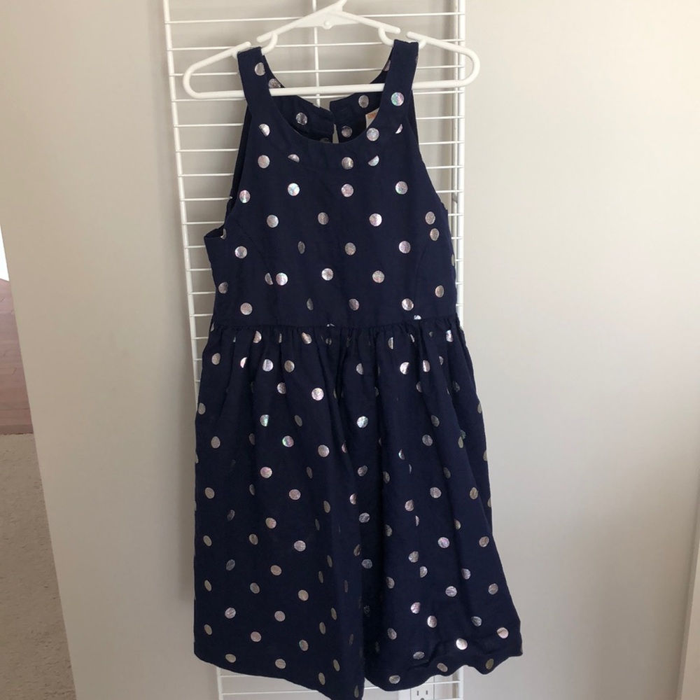 Navy blue dress with silver metallic polka dots